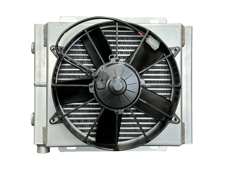 Fluidyne Bar Plate 612/613 Series Engine Oil Coolers 15 Inches x 11.75 Inches - 30613 Series Oil Cooler 15 x 11.75 x 7 Inches , 0.5 Inches NPT fittings Dual Pass W 11 Inches HP Spal Fan