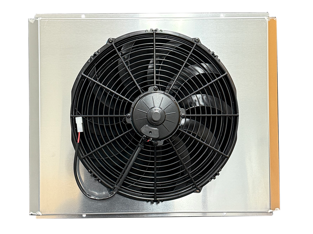 Fan shroud, alum, with 12volt fan,single, fits, RFD.2R3027.A,RFD.3R2925.A, Fluidyne radiators 