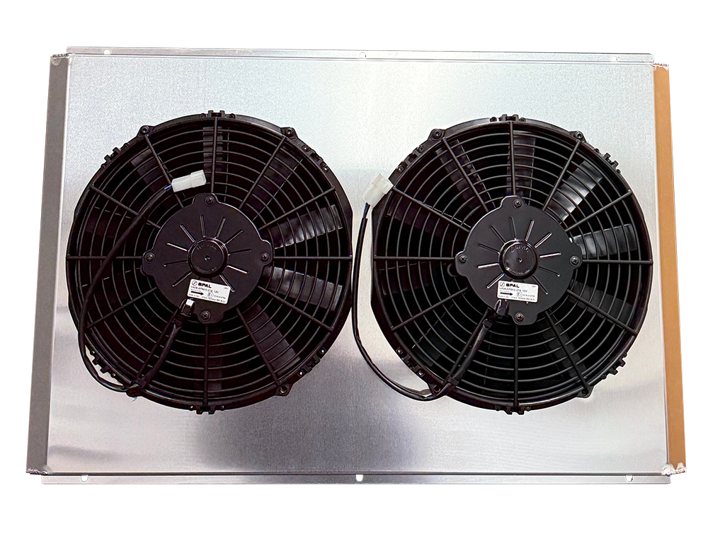 Fan shroud, alum, with 12volt fan,Dual, fits, RGM.3R3218.LS, Fluidyne radiator, Width 27'', Height 16.125'', Depth 3.5'', Also universal fit.