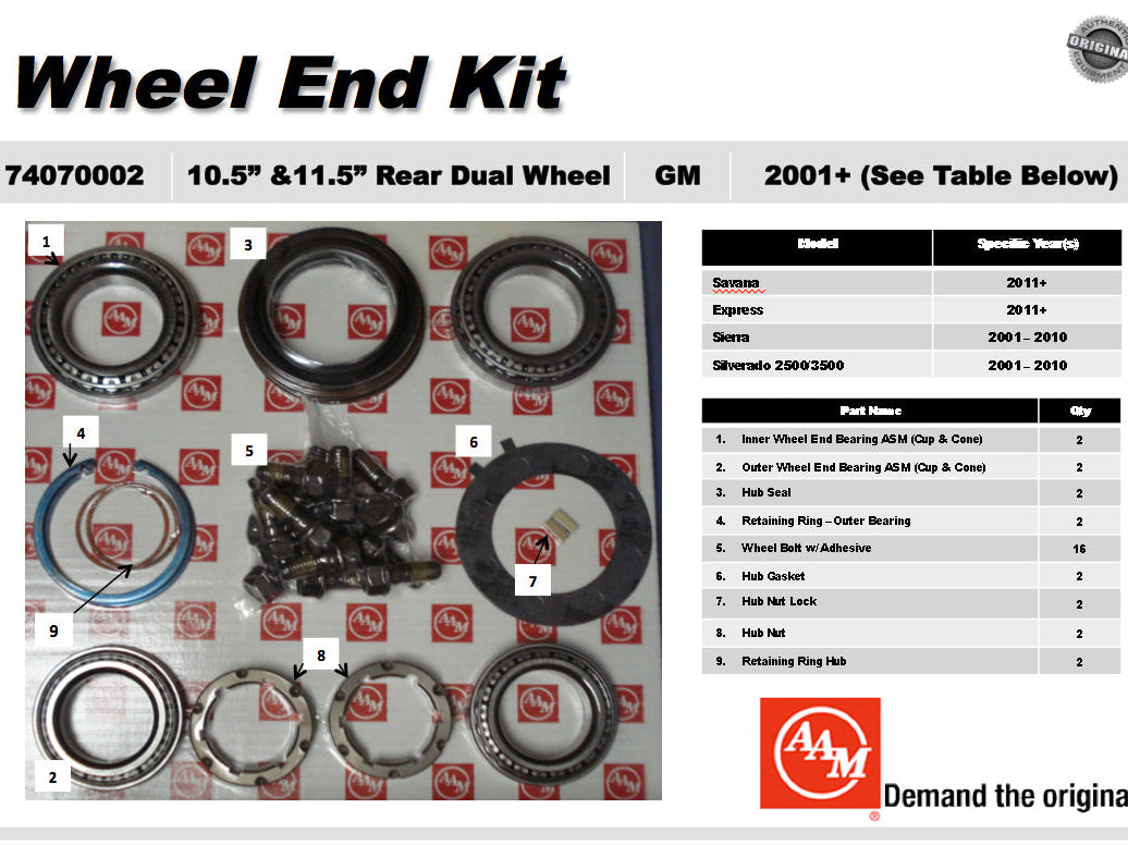 AAM 11.5"/10.5" 14 Bolt Rear Wheel Bearing Kit (DRW) - GM Express, Express Cargo 2001-2024 74070002